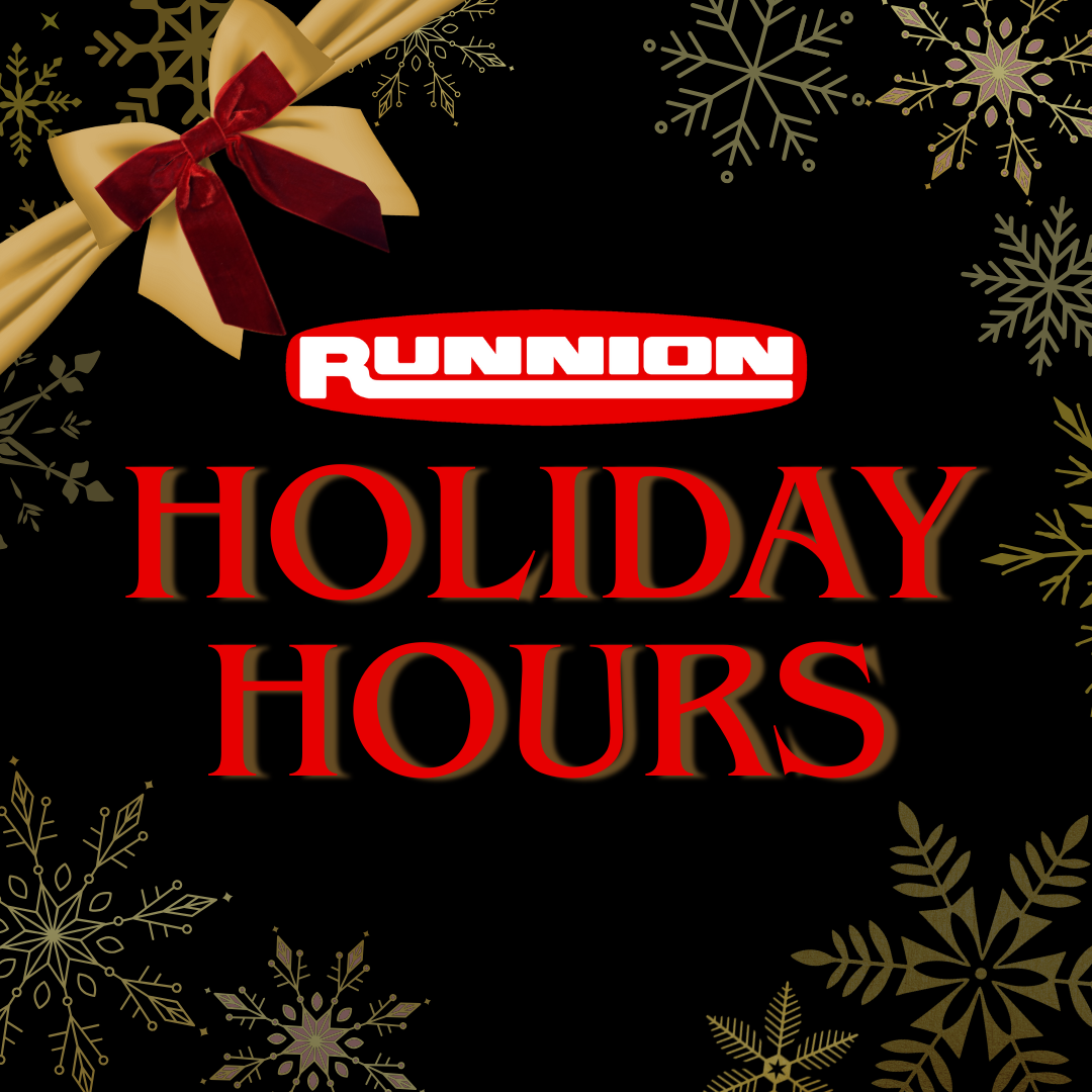 Runnion Holiday Hours - black background - red font - gold and red bow in corner
