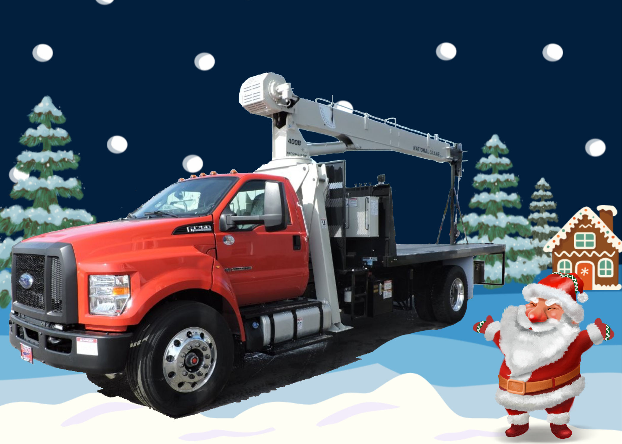 Red National Crane with Santa and a gingerbread house